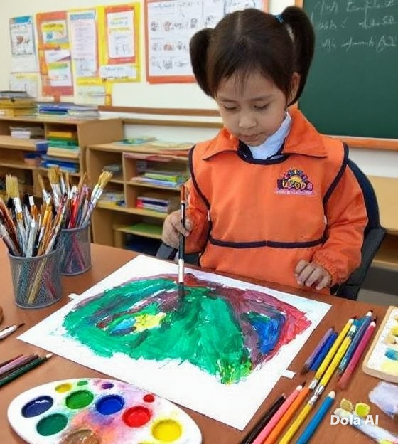 Niña de Nuevo Día pintando en clase de arte